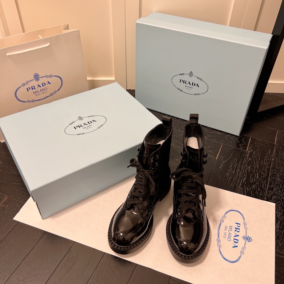 Prada Brushed-Leather And Re-Nylon Boots Shiny Black