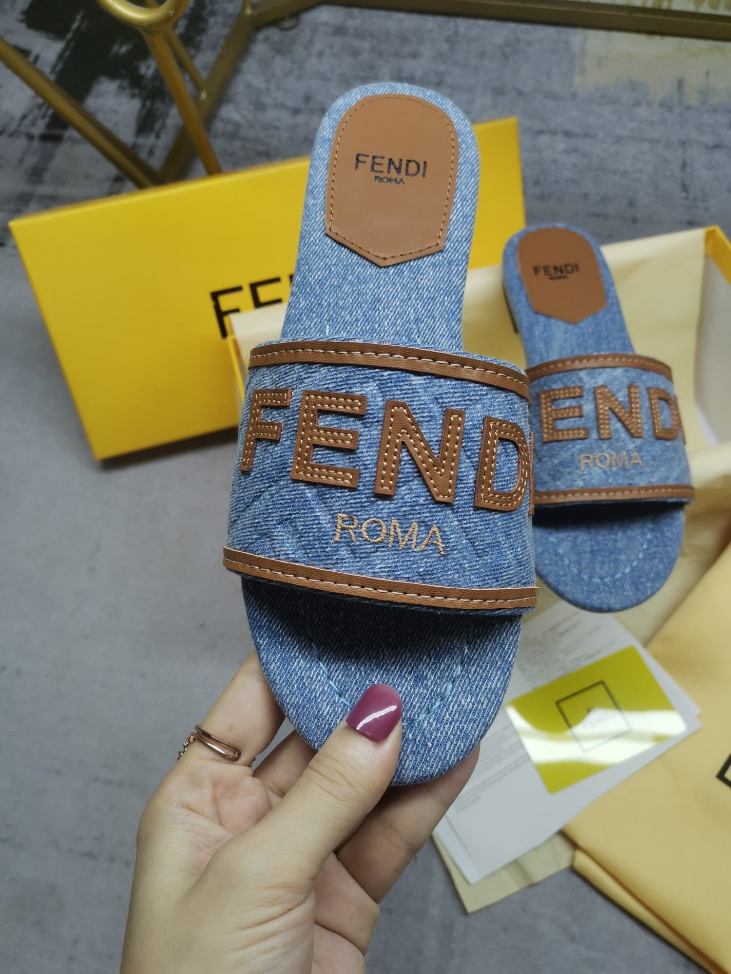 Fendi Signature Light Blue Denim Slides