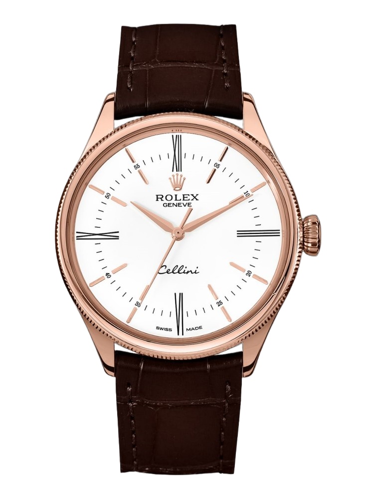 【Super Clone】Rolex Cellini Time 50505 Brown Leather Strap White Dial 39mm Mens Replica Watch