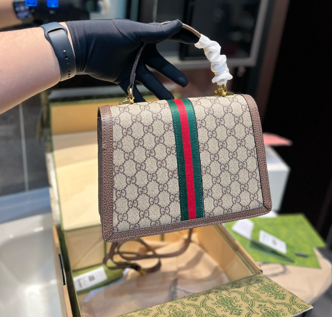 GUCCI OPHIDIA MEDIUM TOP HANDLE BAG GG SUPREME BEIGE AND EBONY 25CM 651055 96IWX 8745