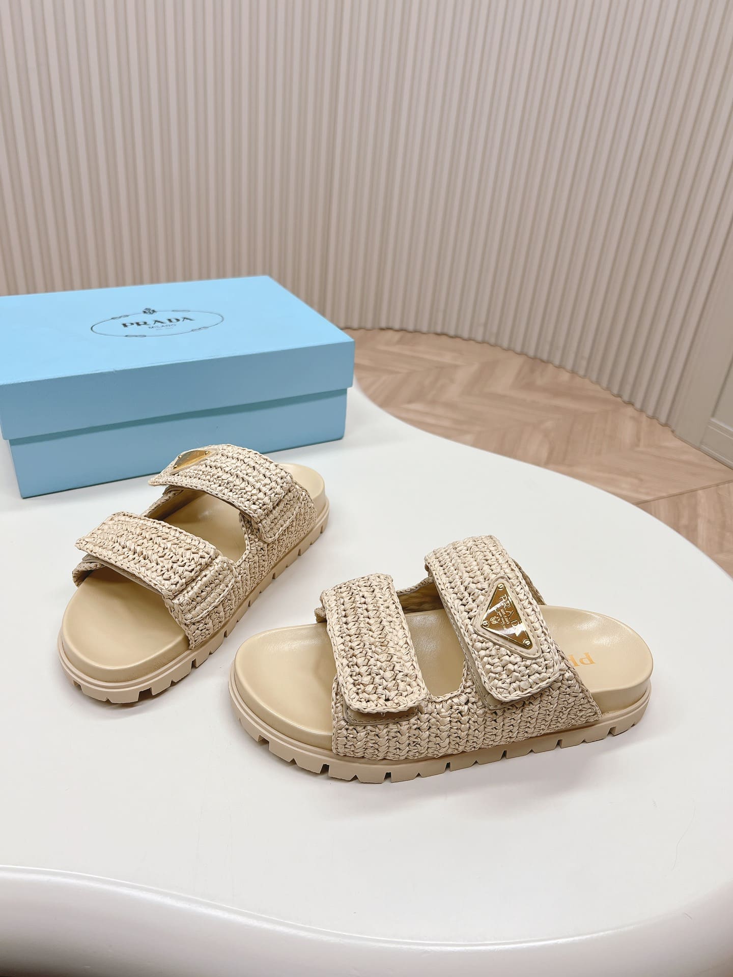 Prada Raffia Double Band Slide Sandals Beige 1Xx699 F020 2C2T F0018