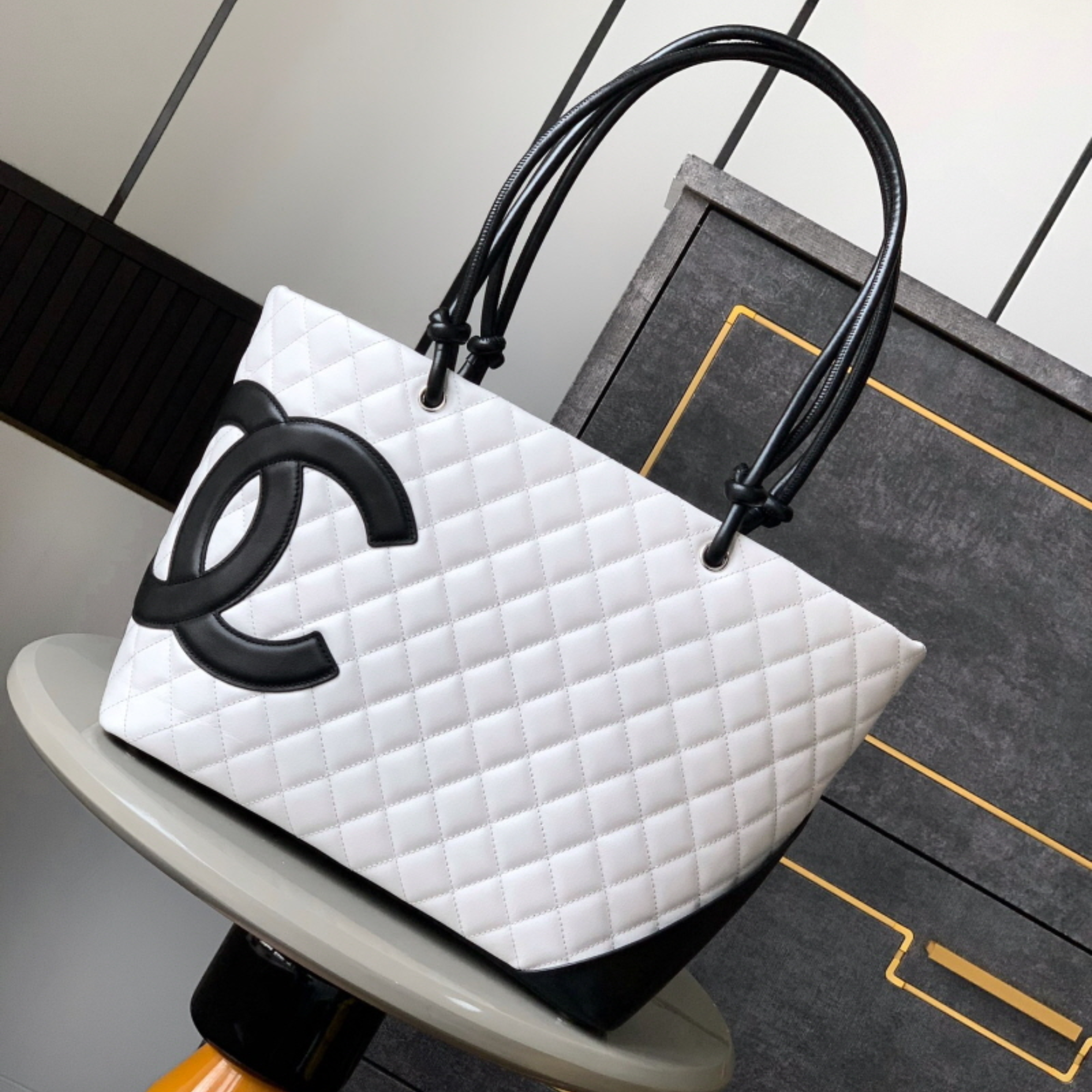 Chanel Calfskin Quilted Large Cambon Tote Black White 41Cm/16in