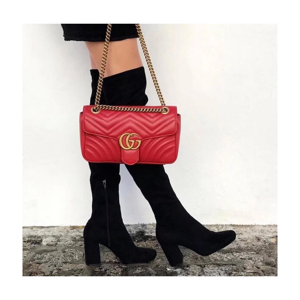 Gucci GG Marmont Matelasse Chevron Leather Small Shoulder Bag Red