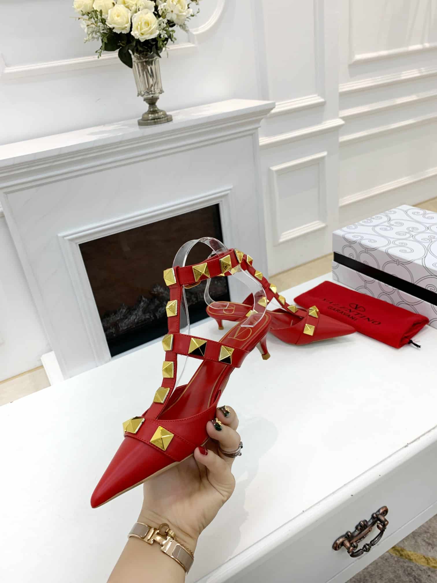 Valentino Garavani Roman Stud Kitten Heel Pumps Red