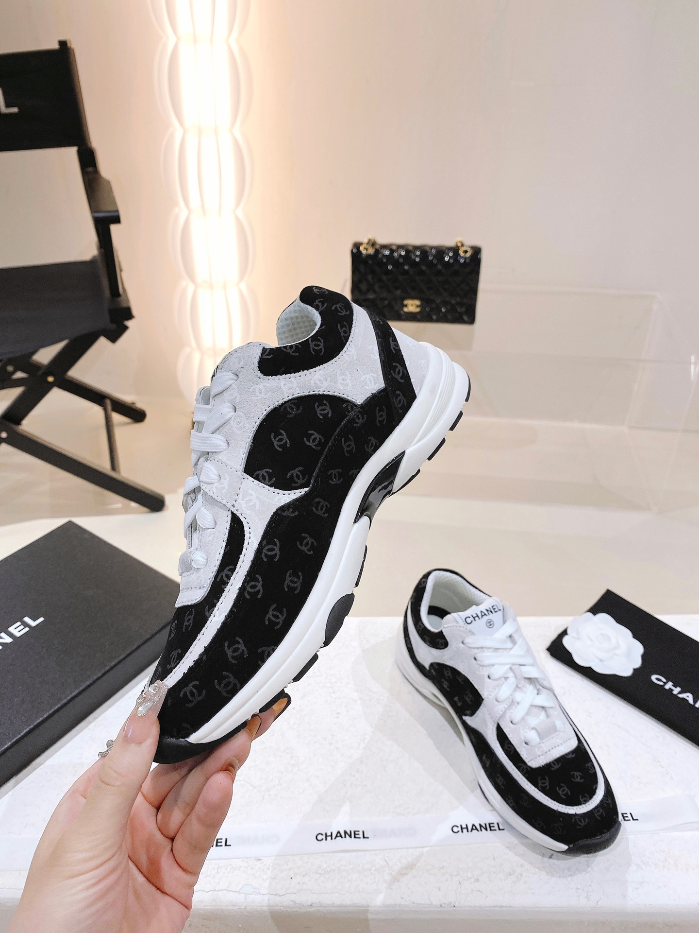Chanel Printed Suede Calfskin Sneakers White And Black G39230 X56653 94305