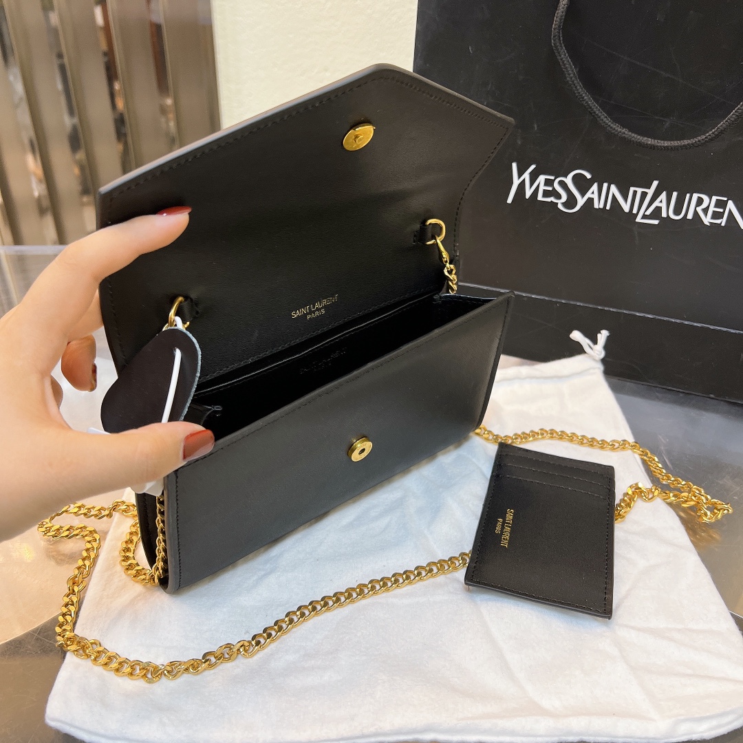 Saint Laurent Uptown Chain Wallet In Grain De Poudre Embossed Black 19Cm 6077881Gf0J1000