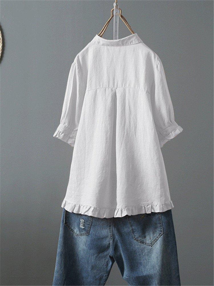 Solid Casual 3/4 Sleeve Turn-down Collar Casual Tops