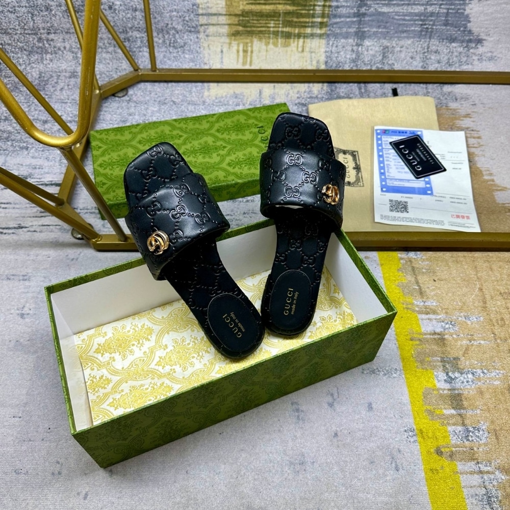Gucci Women Slide Sandal With Double G Black 816330 Aaea2 1000