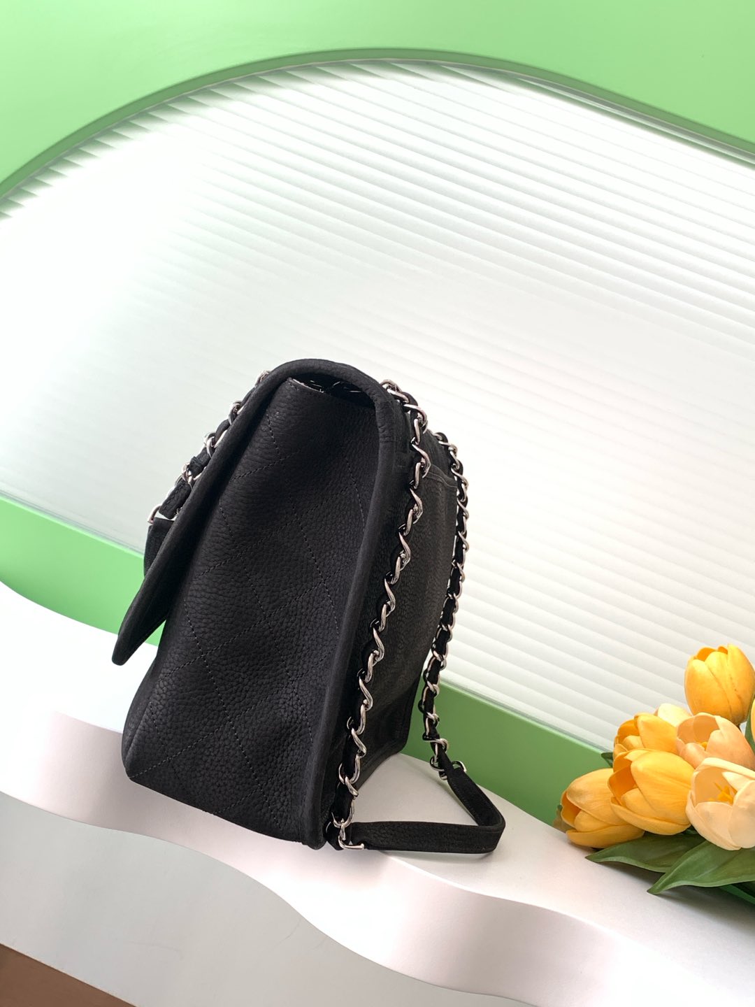 Classic Jumbo Flap Bag in Black Quilted Caviar Leather with Silver-Tone Hardware