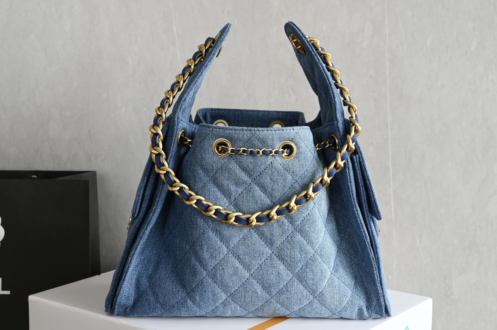 25 Small Handbag (AS5293) in Blue Washed Denim with Gold-Tone Metal Hardware