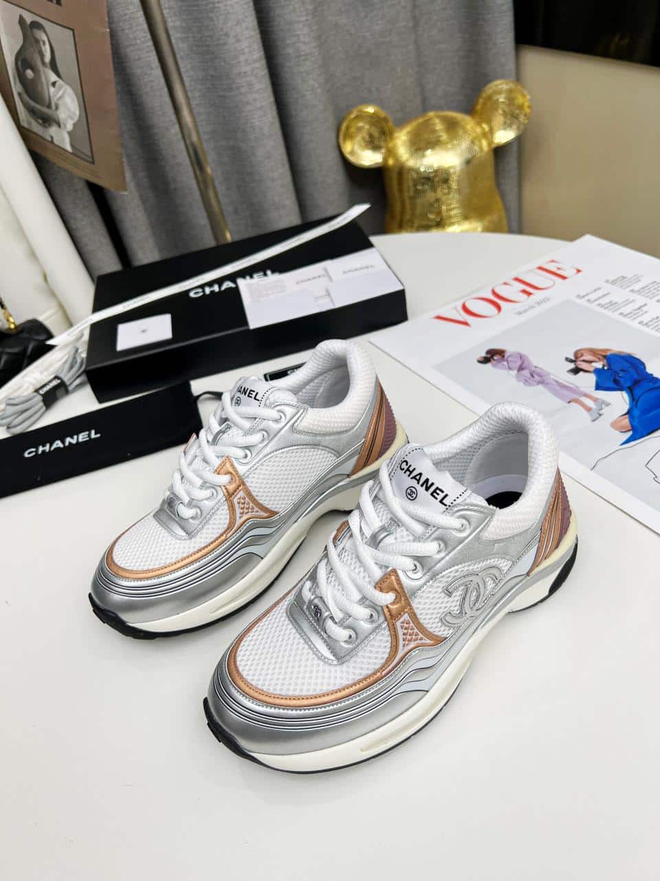 Chanel 23C Silver Metallic Cc Logo Lace Up Flat Runner Trainer Sneaker White Yellow
