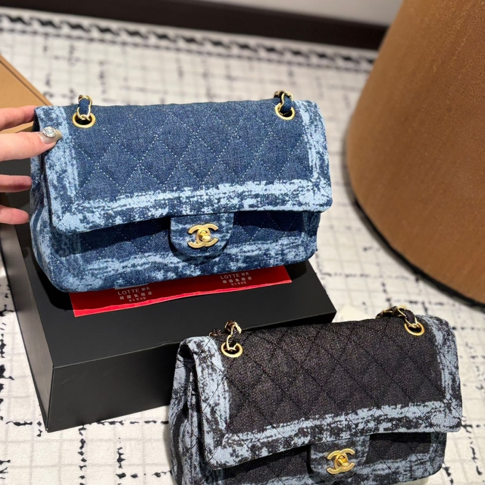 Chanel Classic Double Flap Bag Quilted Printed Denim Medium Blue 25Cm