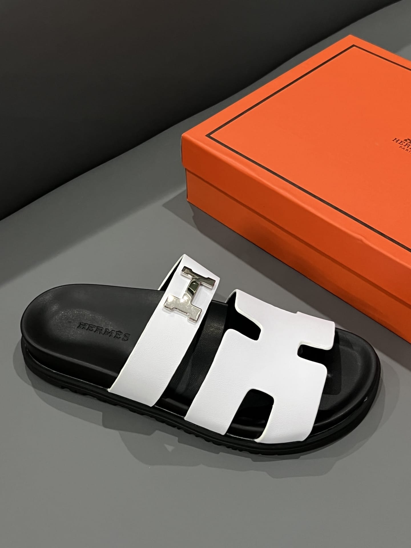 Hermes Chypre Sandal H Logo Silver Hardware White