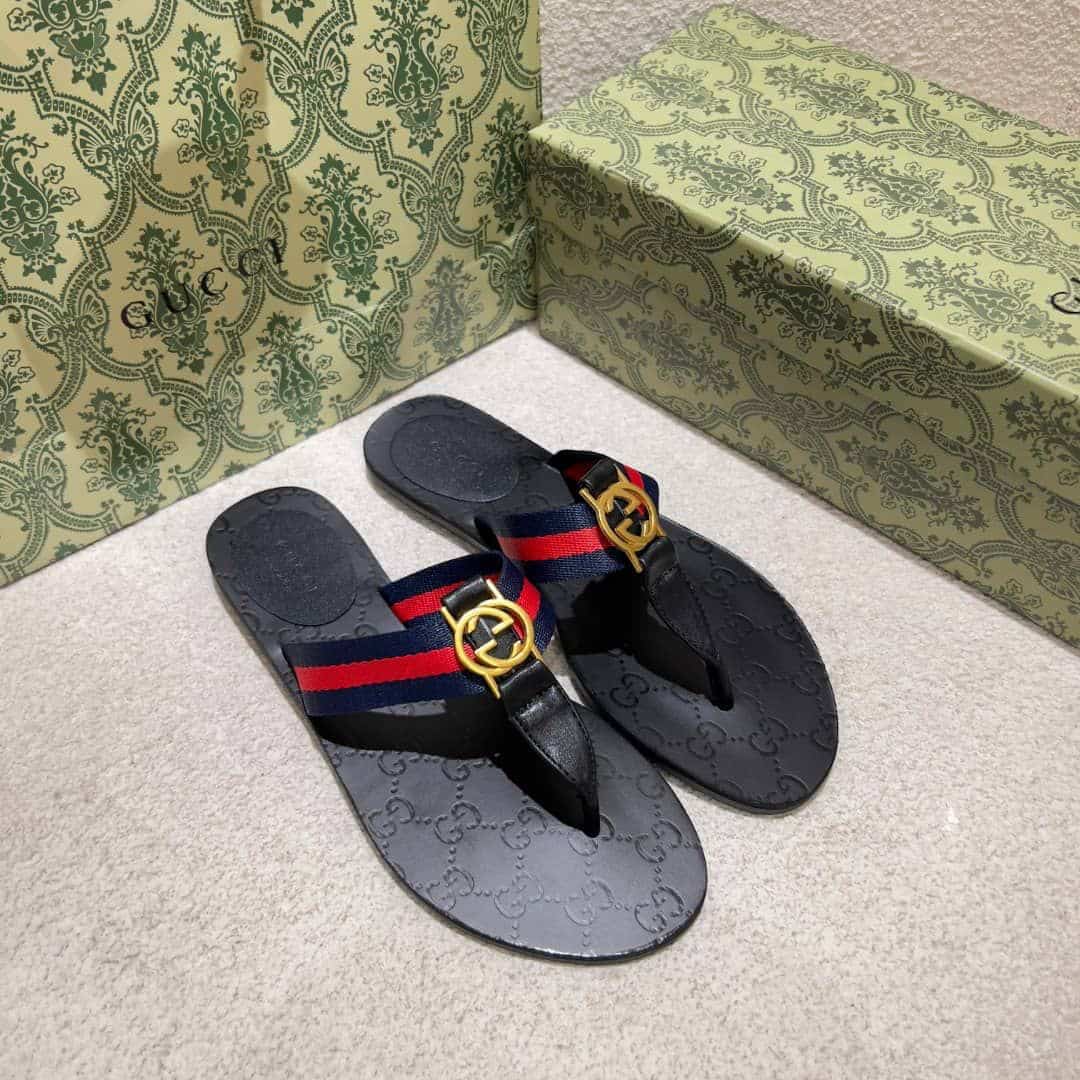 Gucci Double G Thong Leather Navy Blue 0B7N0 7100