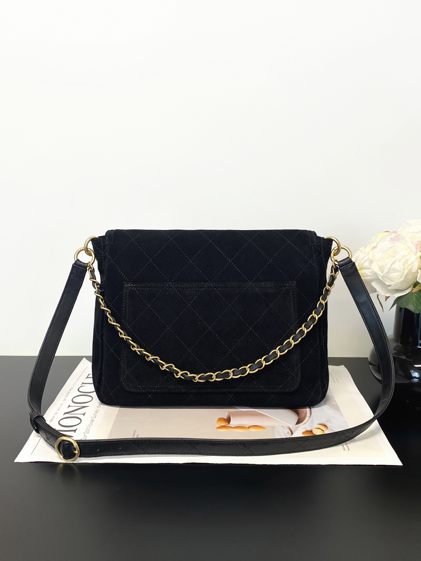 26C Hobo Flap Bag in Black Suede Calfskin with Gold Hardware (Model AS5886)