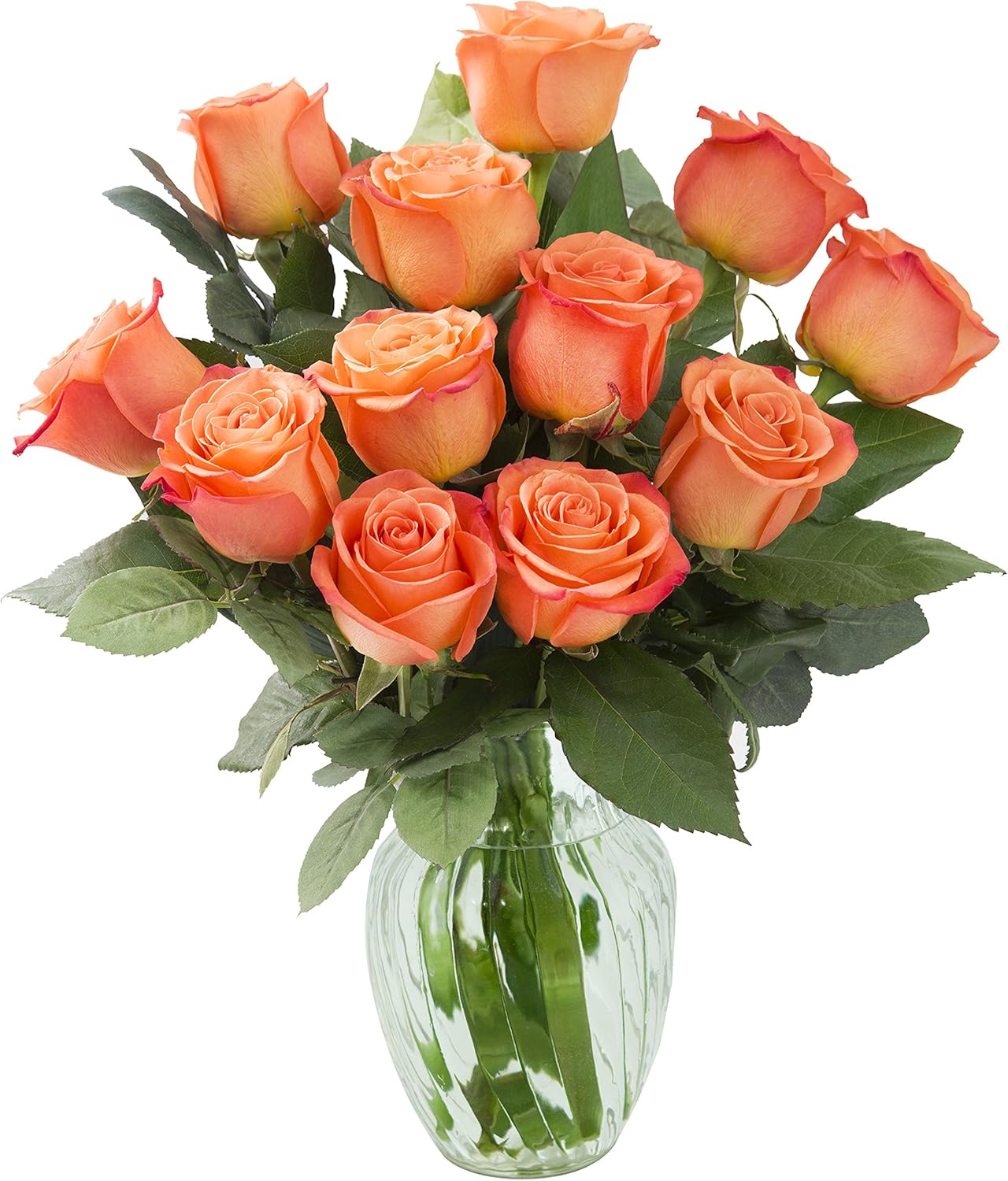KaBloom - Bouquet of 12 Fresh Orange Roses with Vase - Fresh Flowers for Birthday, Valentine's & Mother's Day