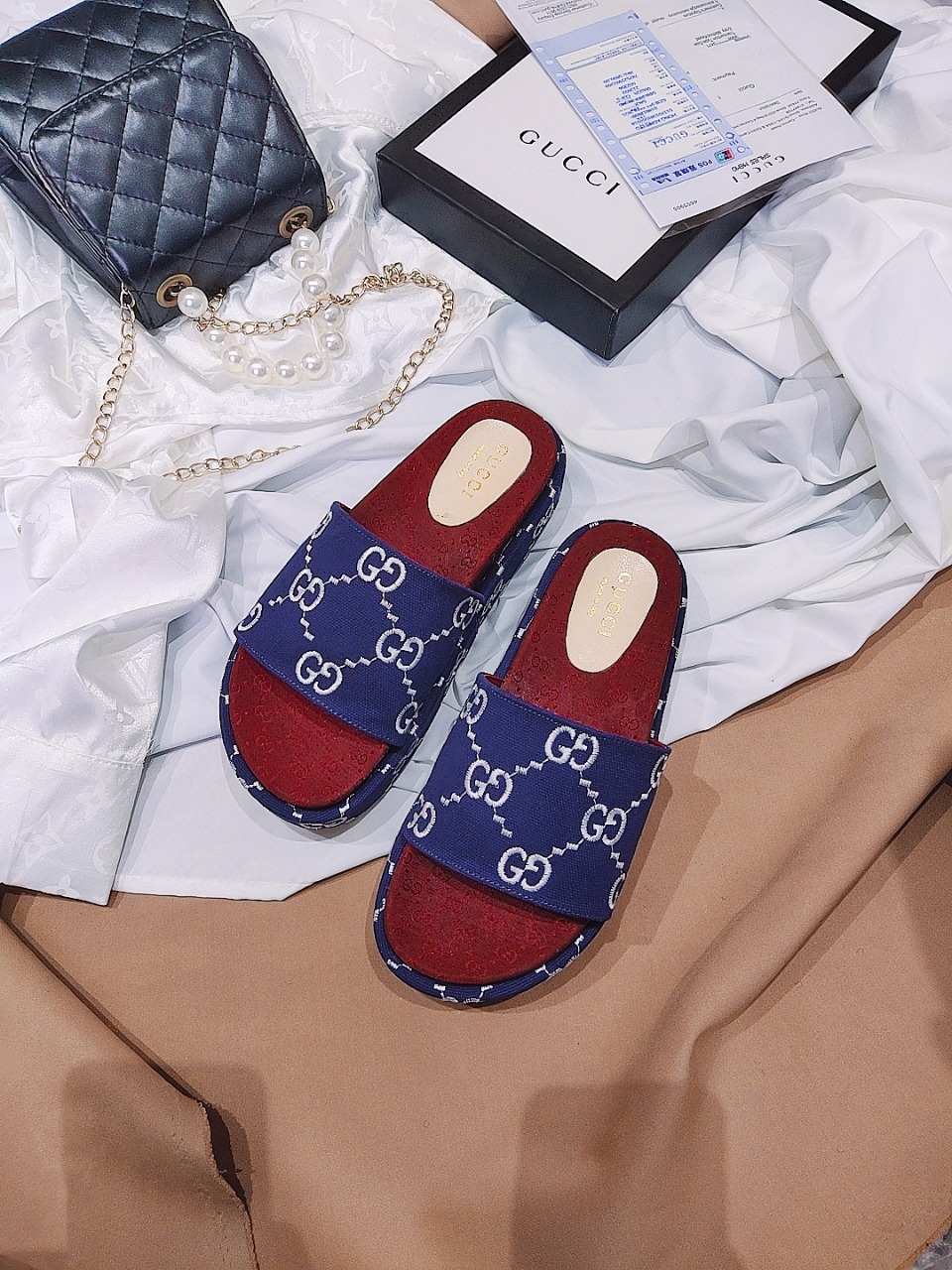 Gucci Women?S With Gg Pattern Slide Sandal Dark Blue