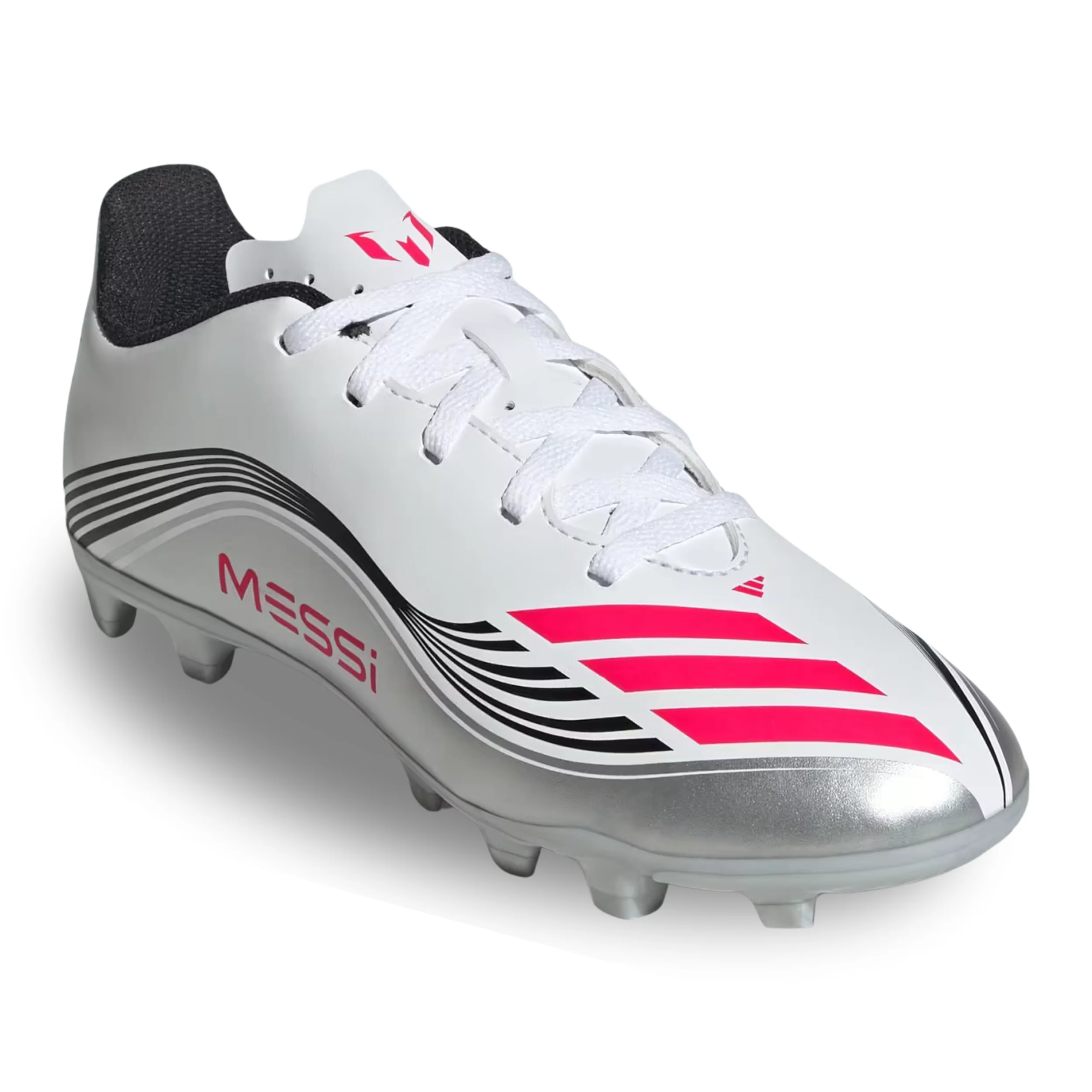adidas Youth F50 Messi Club FG/MG Junior Soccer Cleats (White/Lucid Red/Silver Metallic)