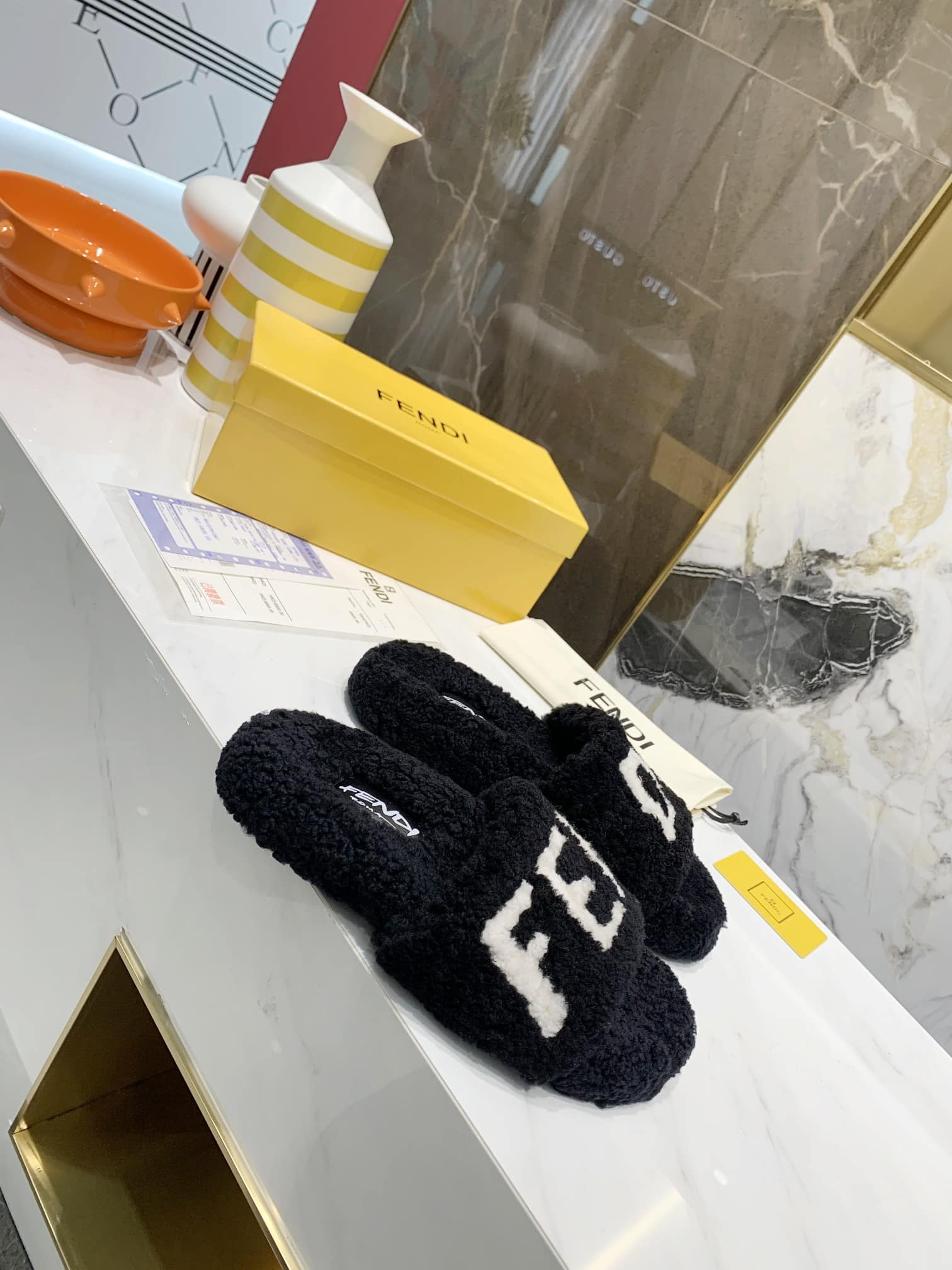 Fendi Shearling Slides Black