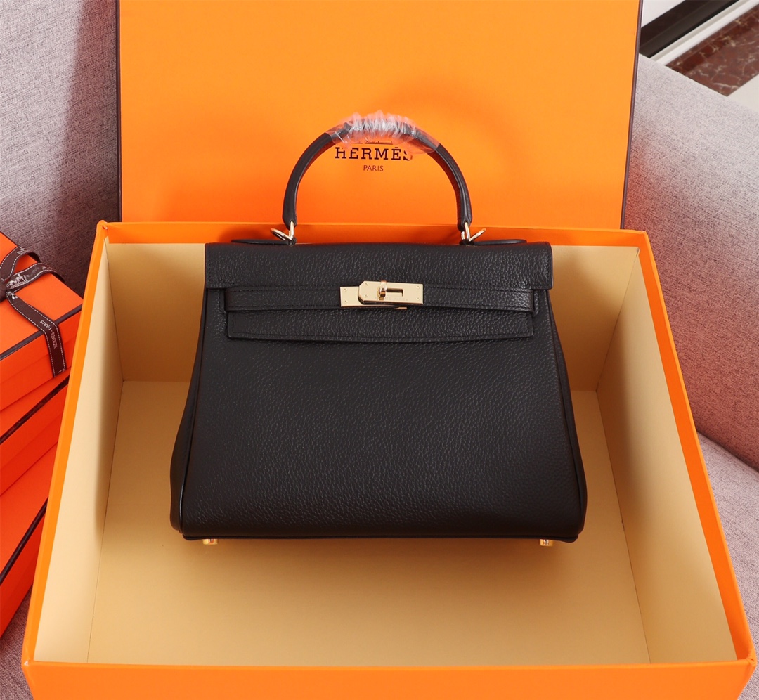 Hermes Kelly Black Sellier Rouge Epsom Gold Hardware 25Cm
