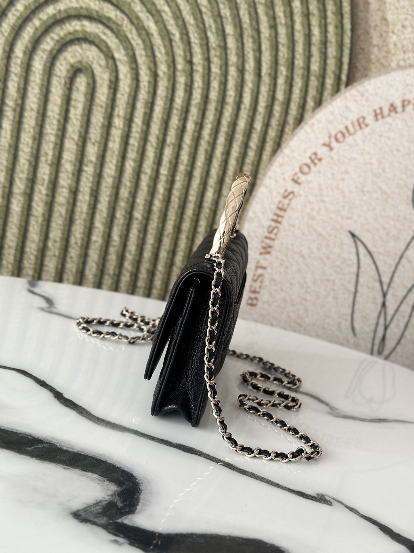 Black Caviar Quilted Wallet On Chain (WOC) with Silver Metal Top Handle