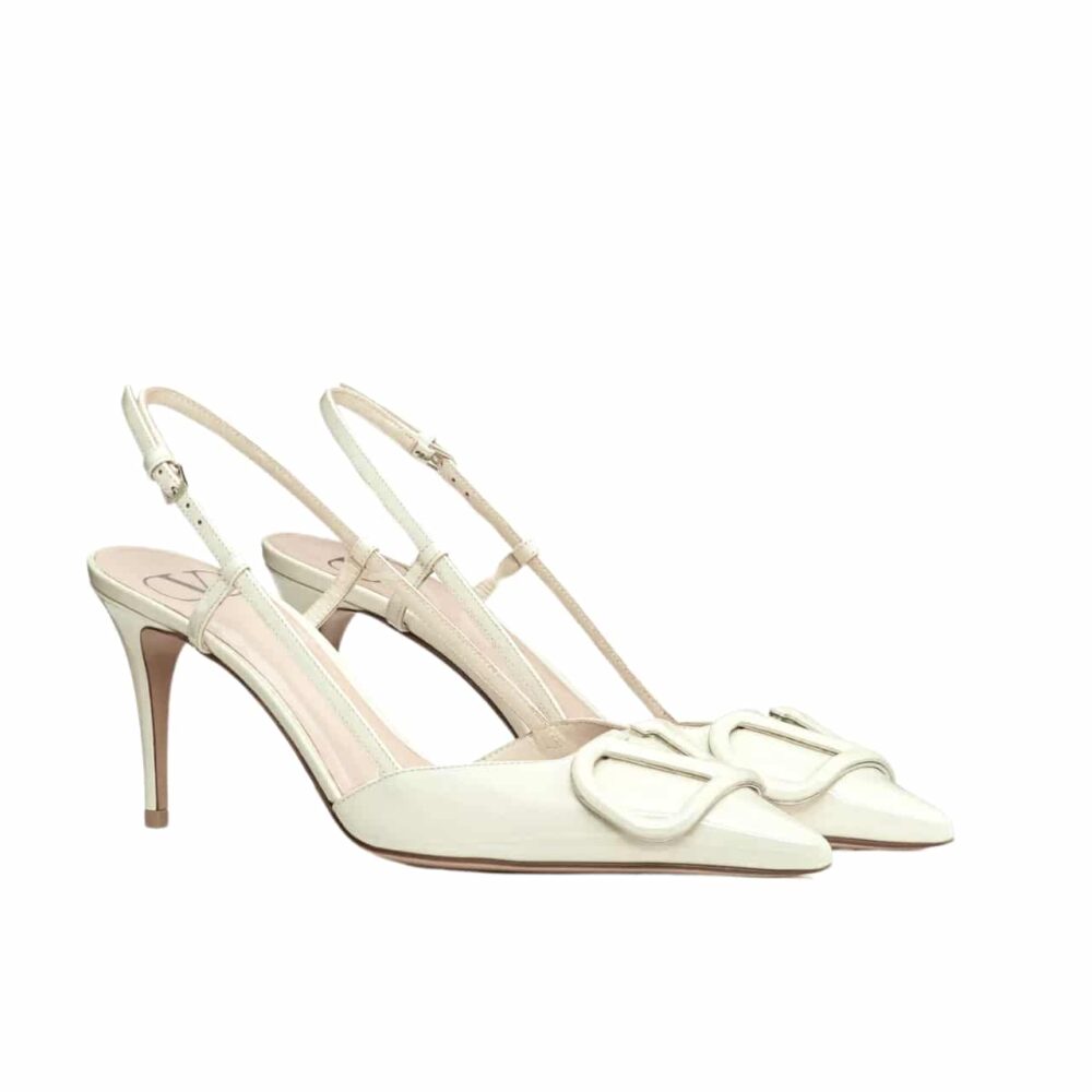 Valentino Vlogo Signature Patent Leather Slingback Pump White