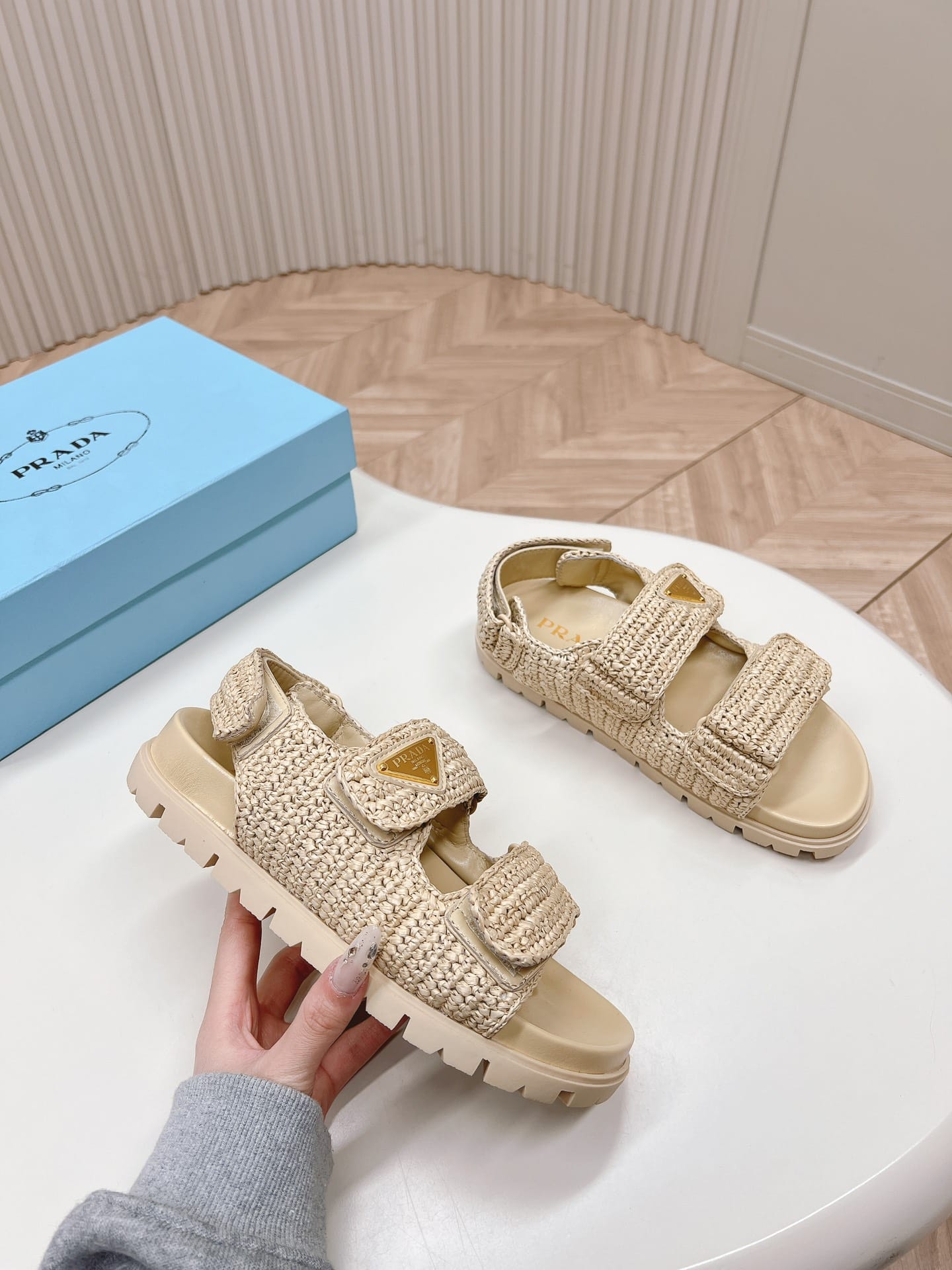 Prada Monolith Crochet Raffia Effect Sandals In Neutrals