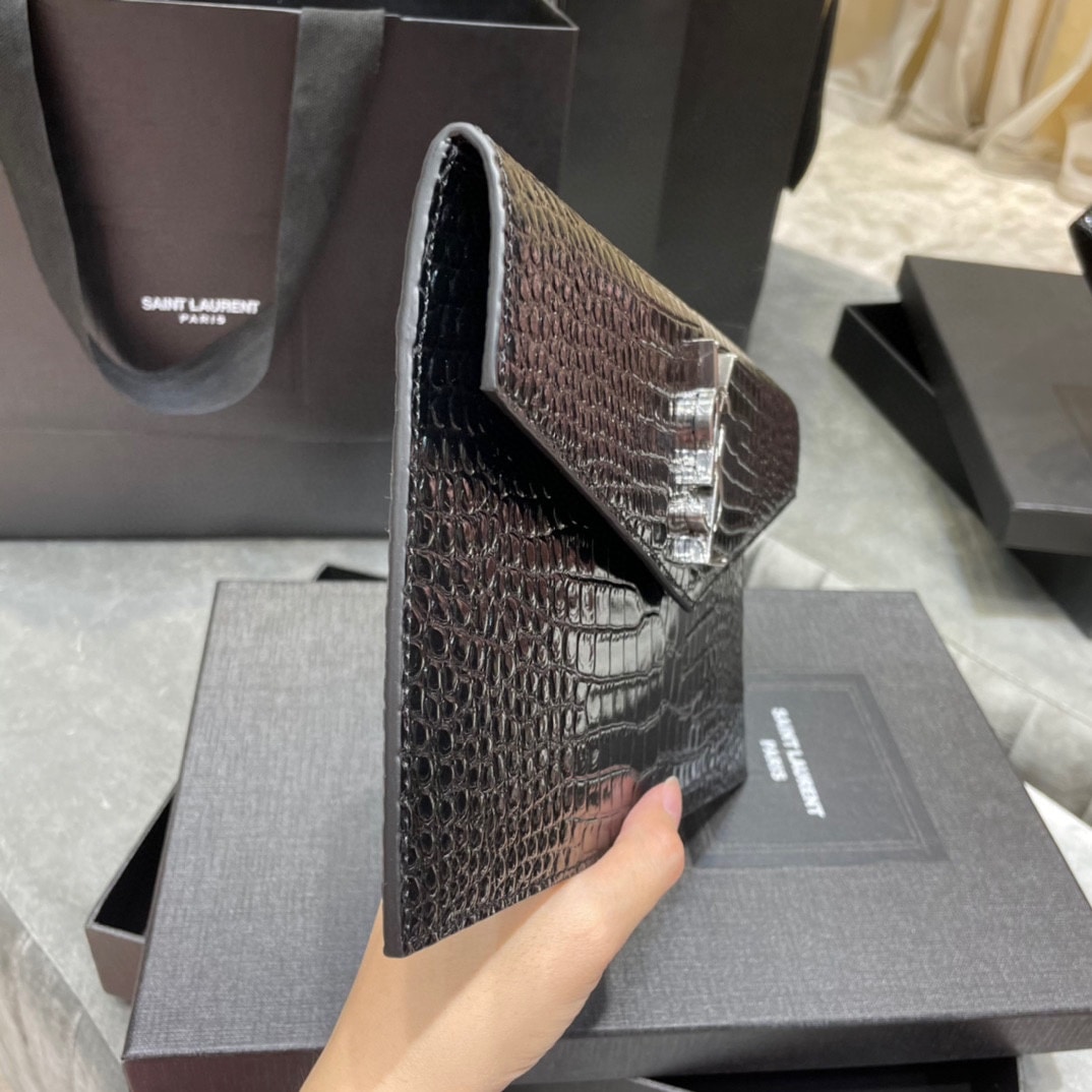 Saint Laurent Uptown Pouch In Crocodile Embossed Shiny Leather