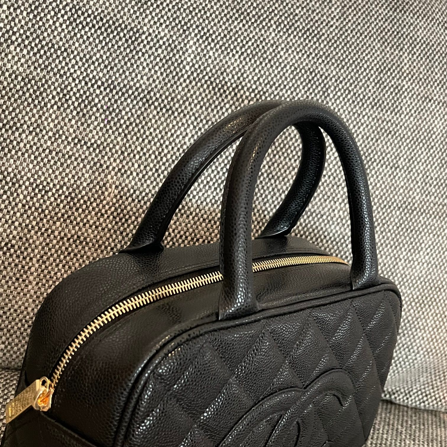 Vintage Black Quilted Caviar Leather Boston Handbag with Gold-Tone Hardware