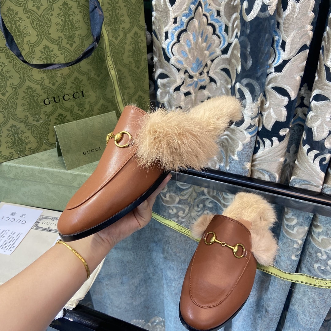 Gucci Princetown Furlined Leather Slippers In Brown