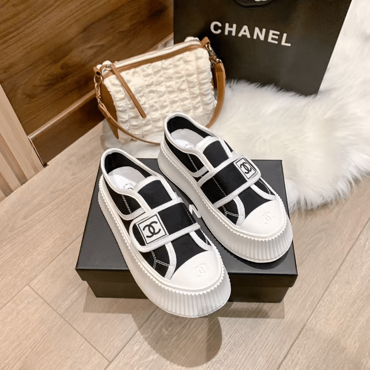 Chanel White Cc Cap Toe Slipon Sneaker Black