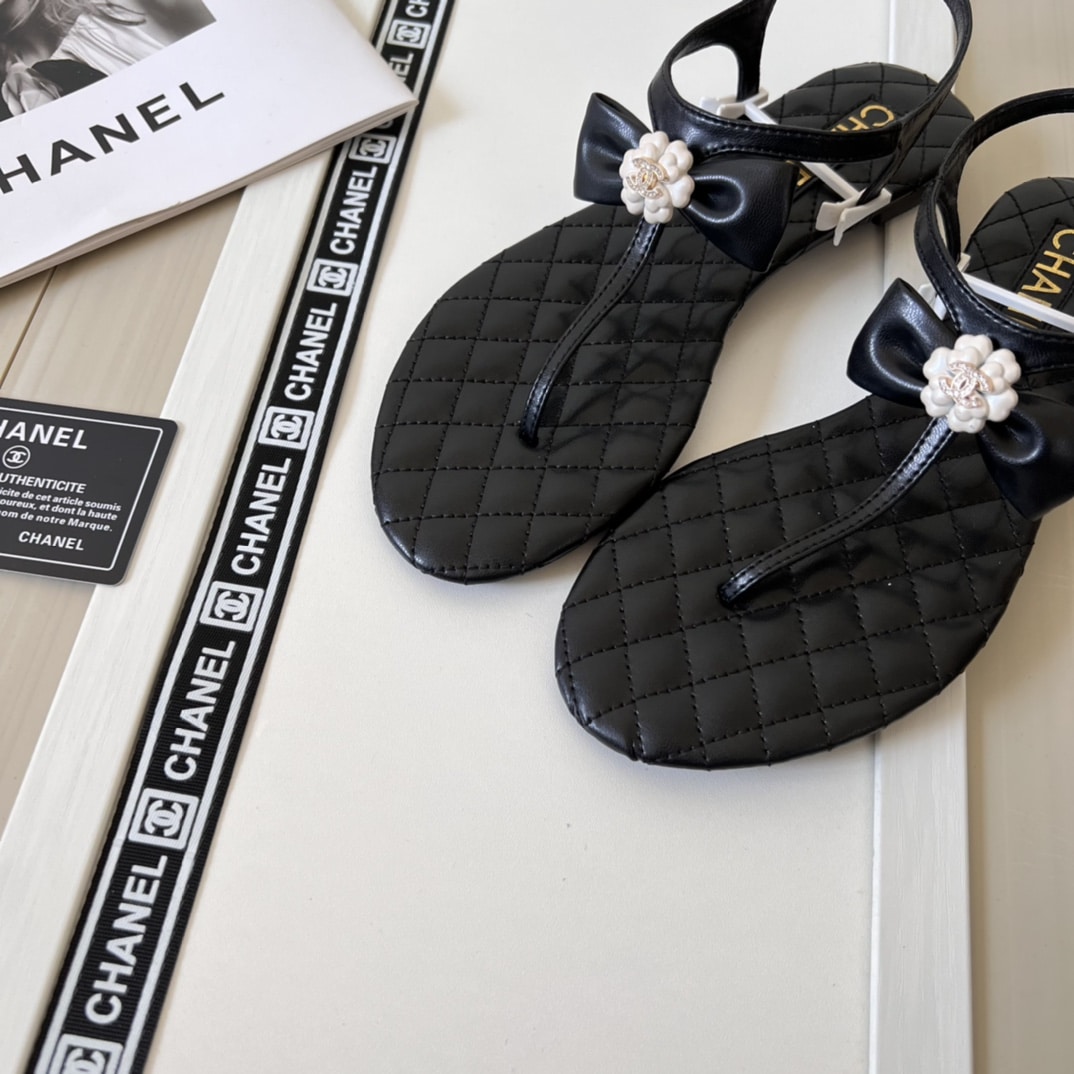 Chanel Black Quilted Leather With White Camellia Cc Logo Sandals G45258 X01000 94305