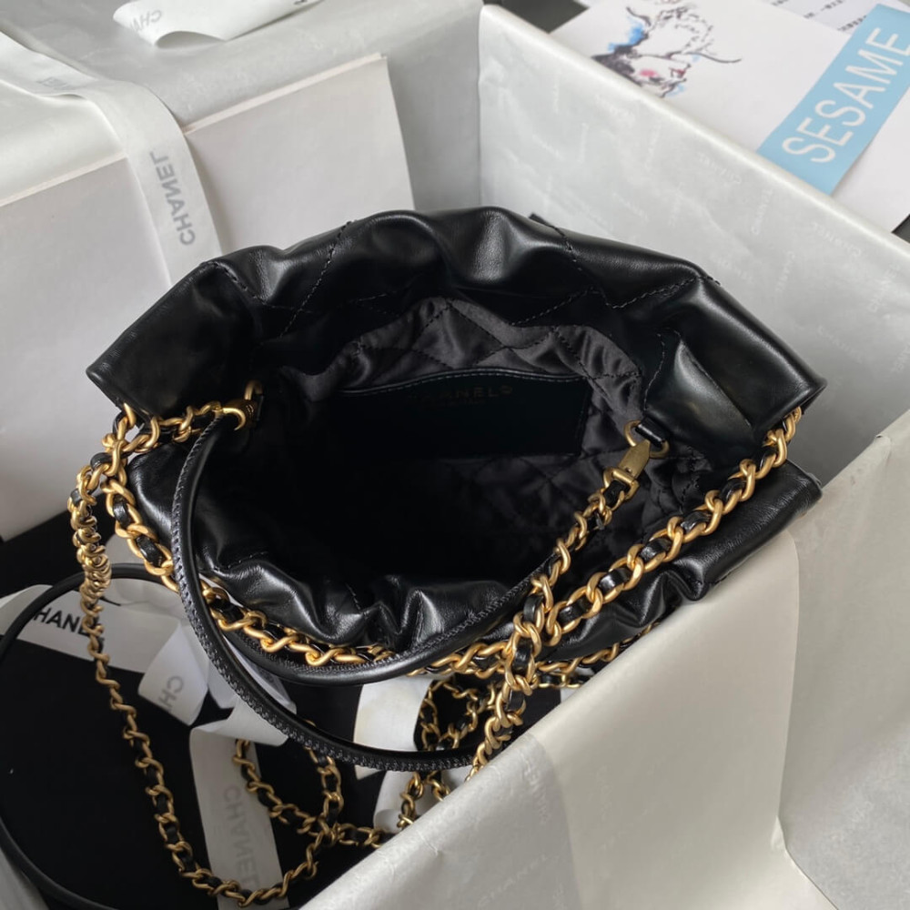 Chanel Mini 22 Handbag Shiny Calfskin & Gold Metal Black 20cm