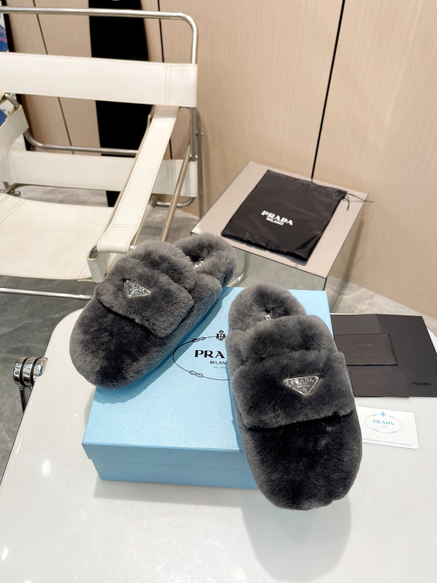 Prada Shearling Sabots Grey