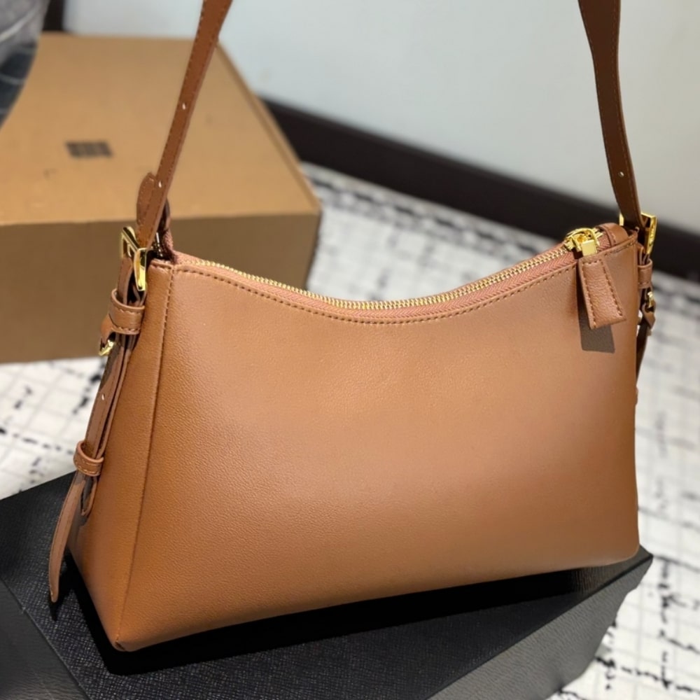 Prada Medium Aimee Zip Leather Shoulder Bag Brown 30Cm
