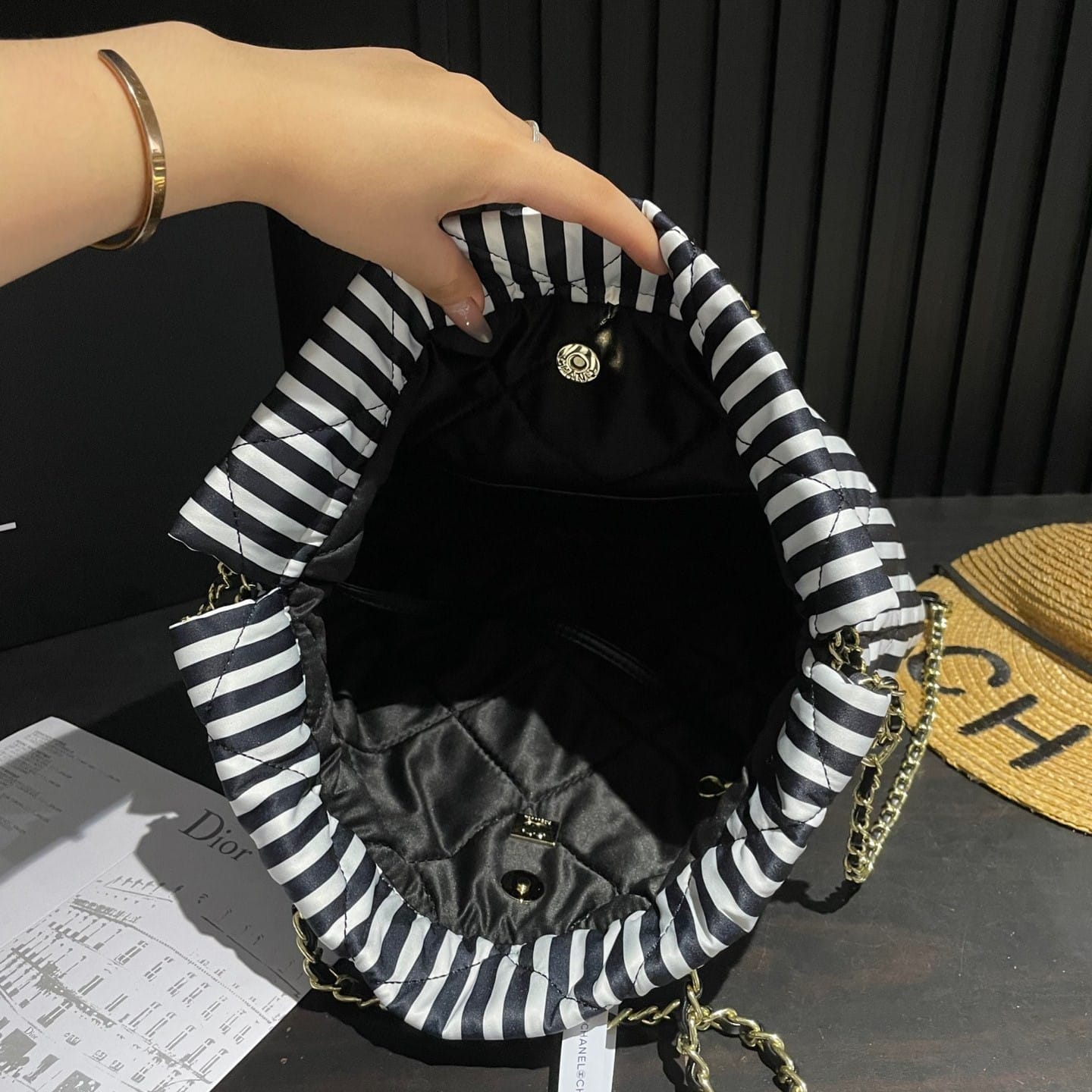 Chanel Large Backpack Printed Fabric And Gold Metal In Black And White 36Cm