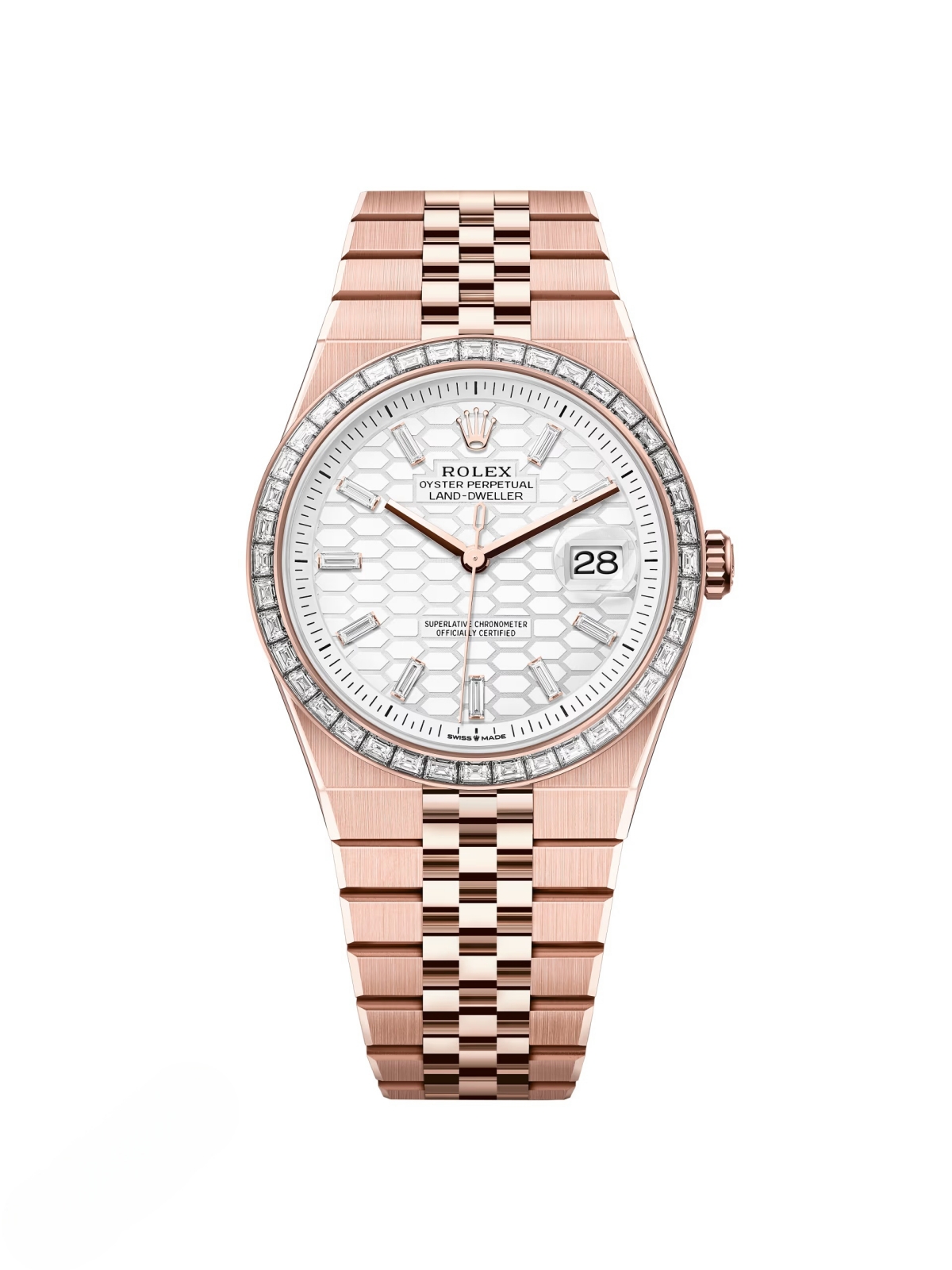 Rolex Land-Dweller 127385TBR-0003 White Honeycomb Dial Diamond Everose Jubilee Bracelet 40mm