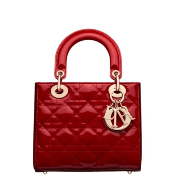 DIOR SMALL LADY CHERRY RED PATENT CANNAGE CALFSKIN 17CM