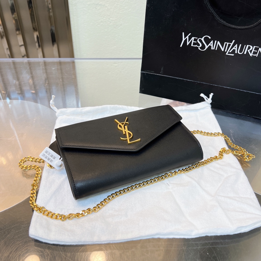Saint Laurent Uptown Chain Wallet In Grain De Poudre Embossed Black 19Cm