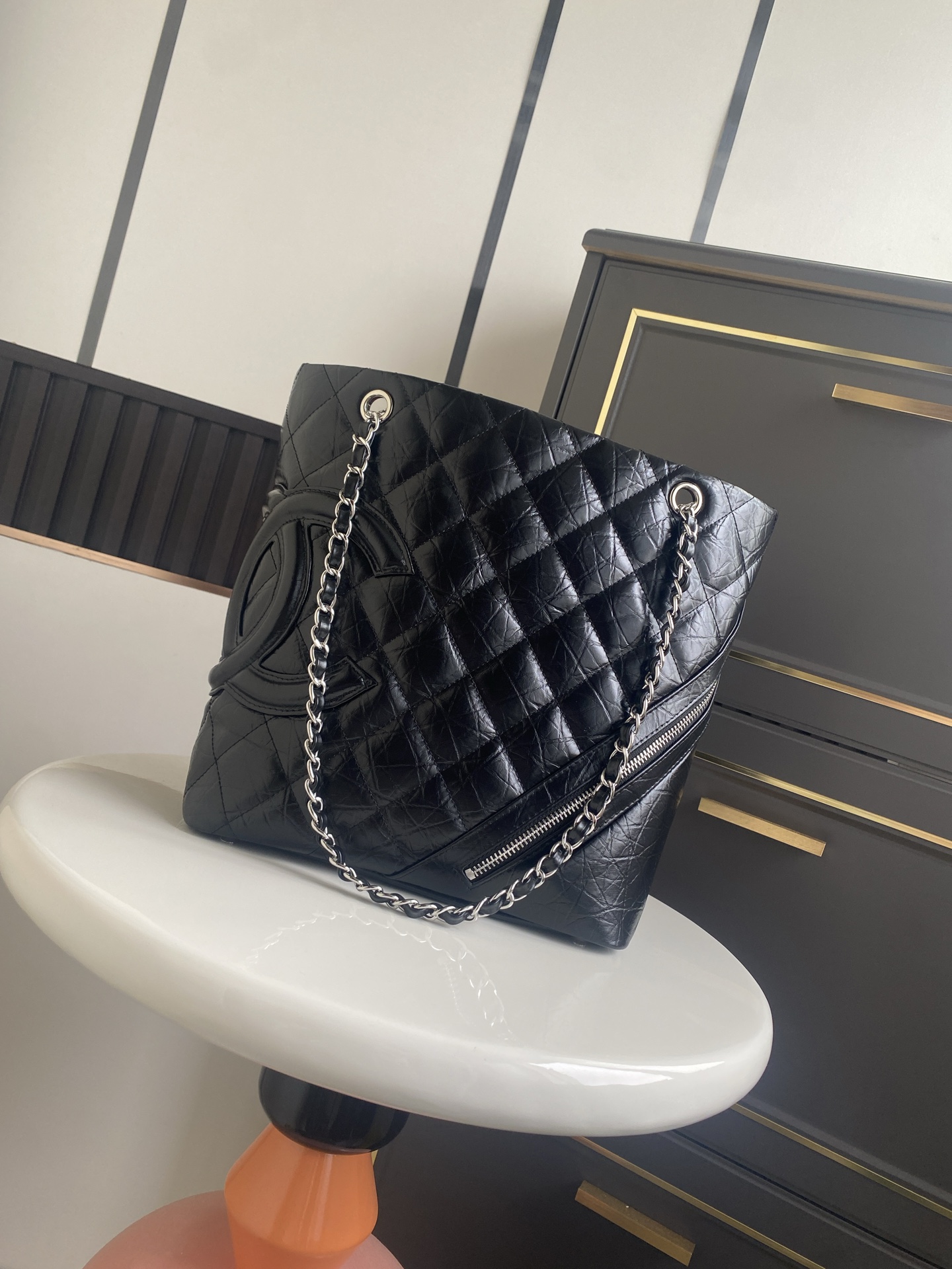 22K Large Shopping Tote Bag (AS3519) in Black Quilted Aged Calfskin with Silver-Tone Hardware