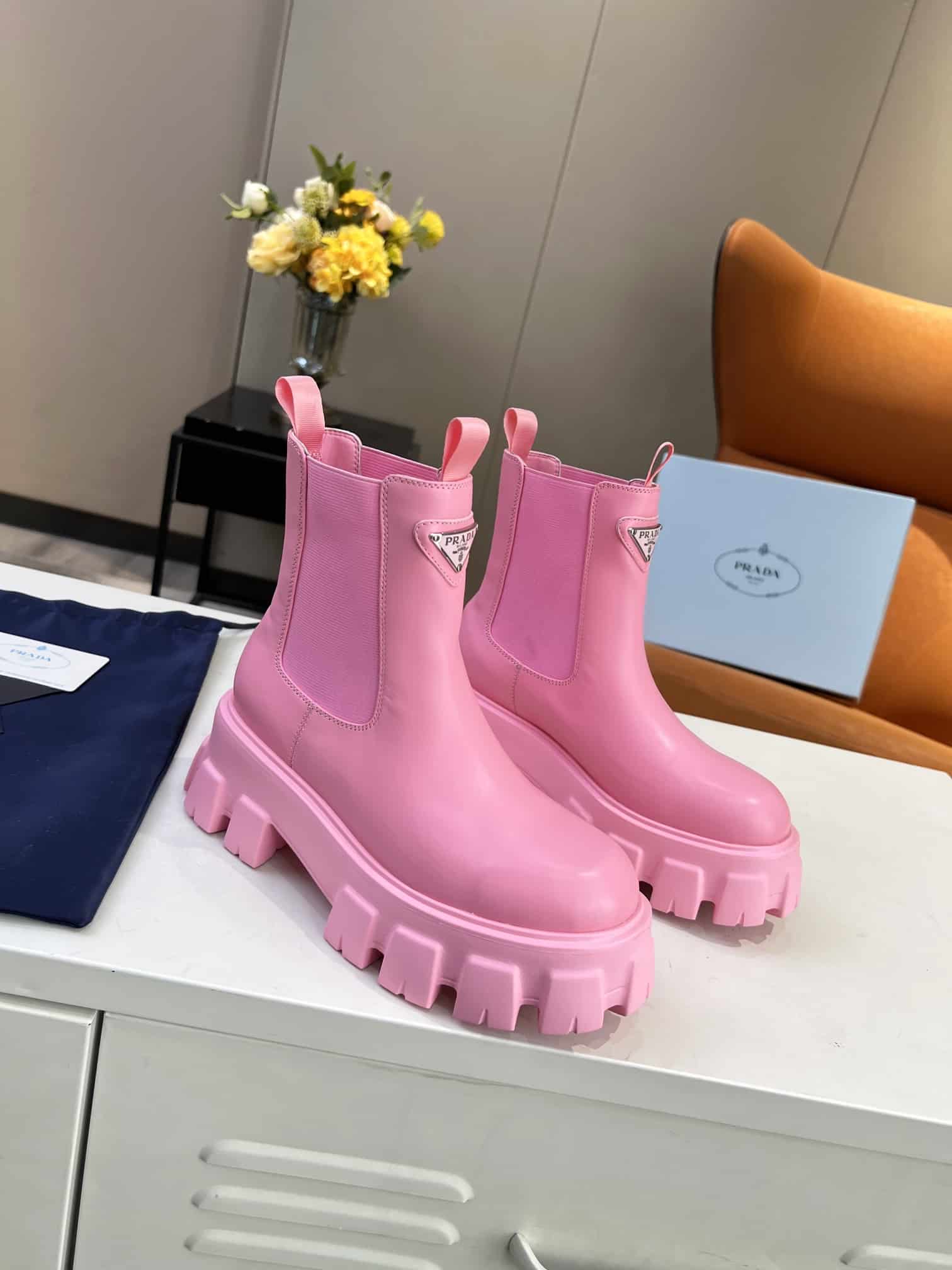Prada Monolith Brushed Leather Booties Pink