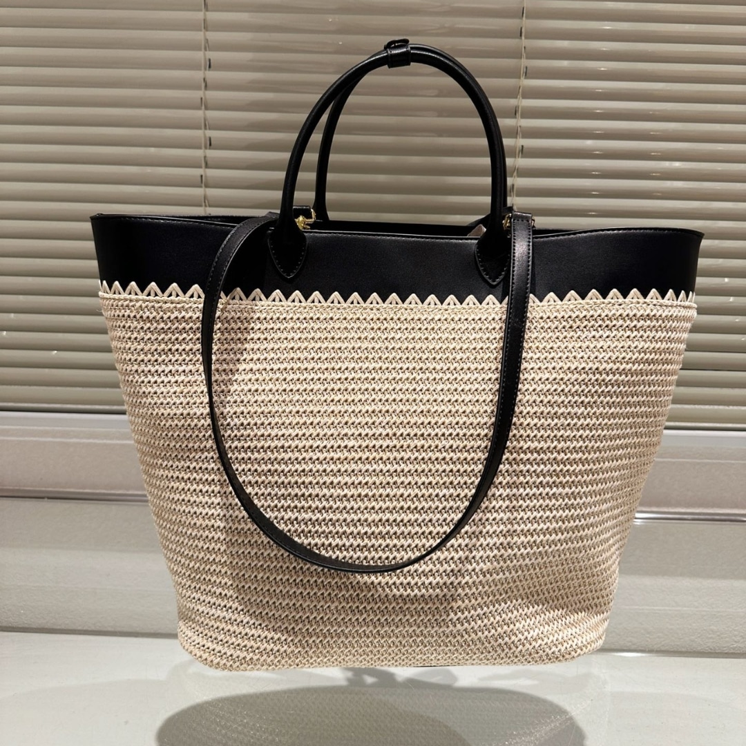 Prada Crochet And Leather Tote Bag Tan And Black 33Cm 1Bg499 2M2Q F0I55 V Goo