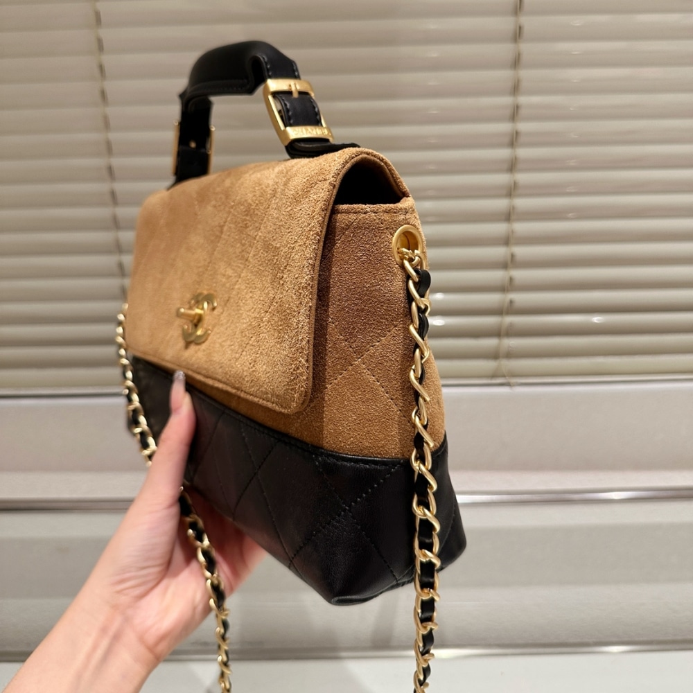 Chanel Large Flap Bag With Top Handle Shiny And Gold Tone Metal Brown Black 29Cm AS5637 B20827 U1536