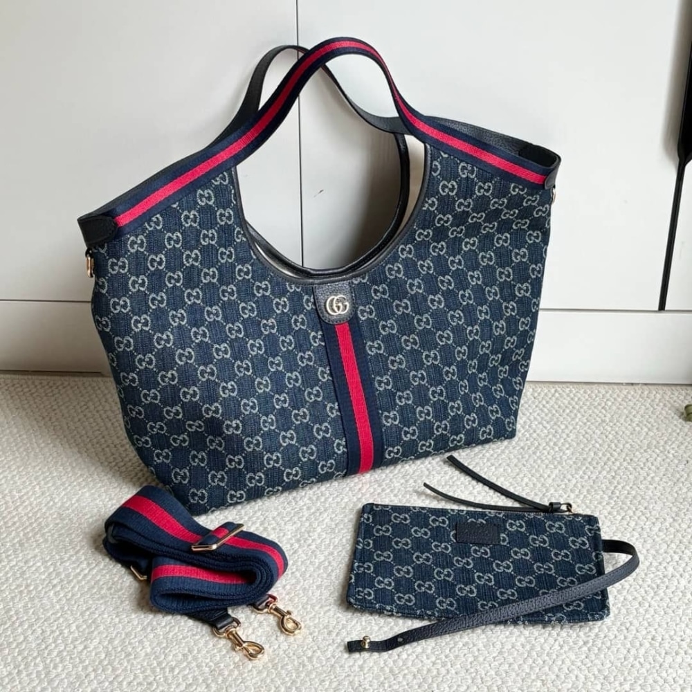 Gucci Giglio Large Tote Bag Blue And White GG Denim 60cm ‎853971 FAFFQ 8864