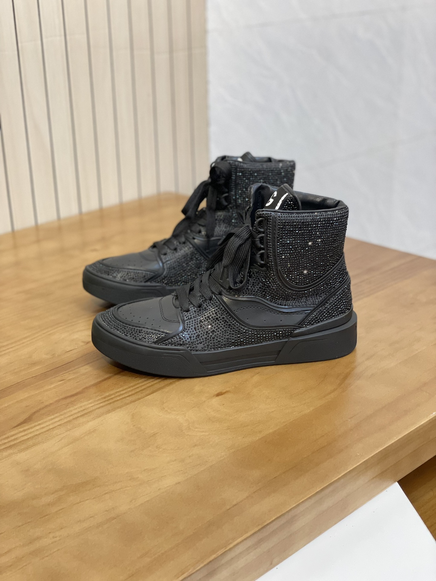 DOLCE & GABBANA Calfskin New Roma high-top sneakers with fusible rhinestones