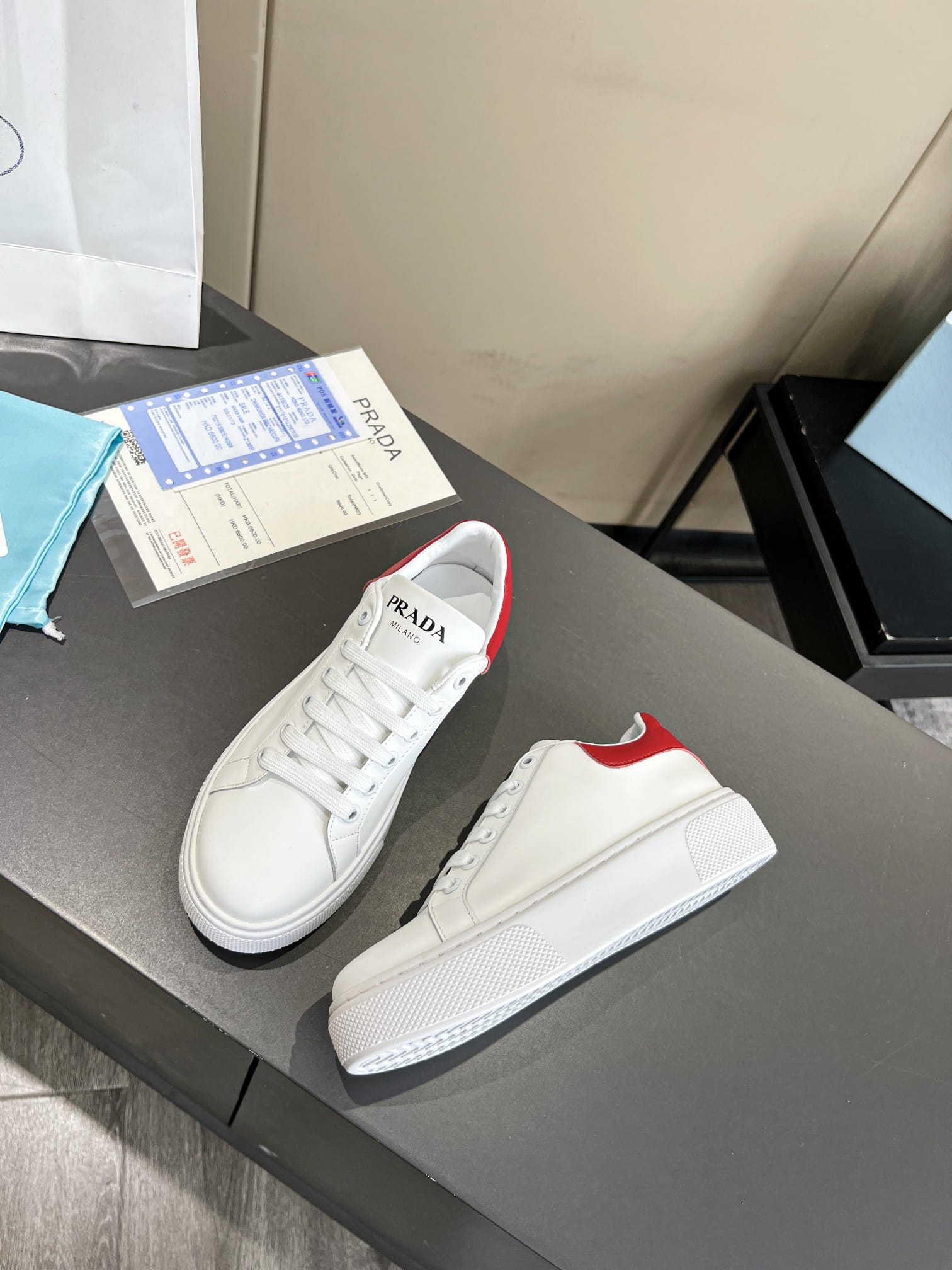 Prada Sneakers In White Leather With Red Logo