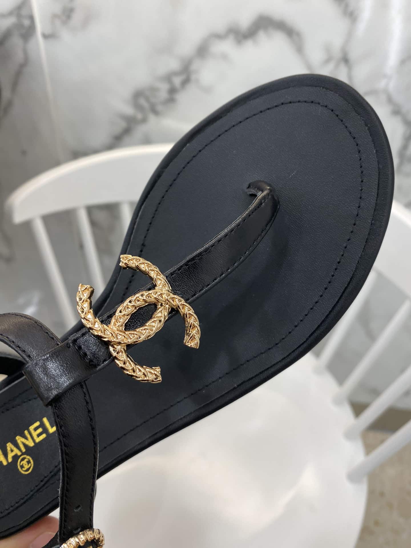 Chanel Gold Cc Logo Thong Sandals Black