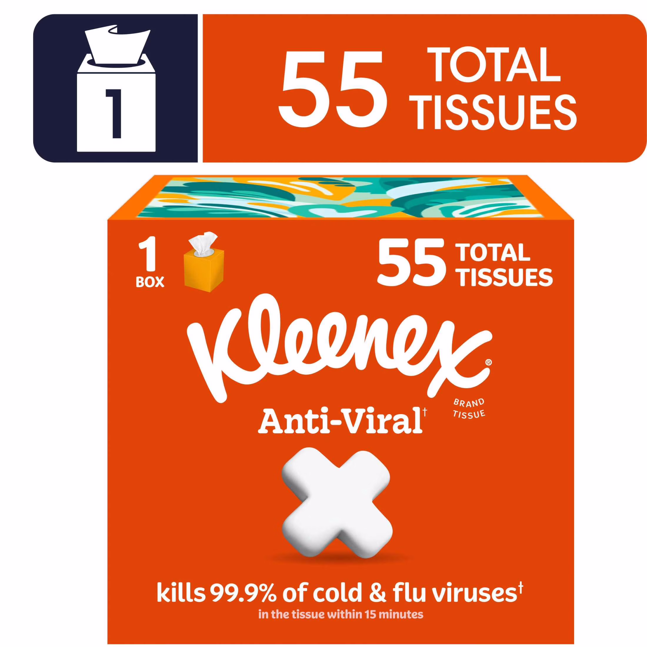 Kleenex Anti-Viral 3-Ply Cube Box Facial Tissues, 1 Pack (55 Total Tissues)