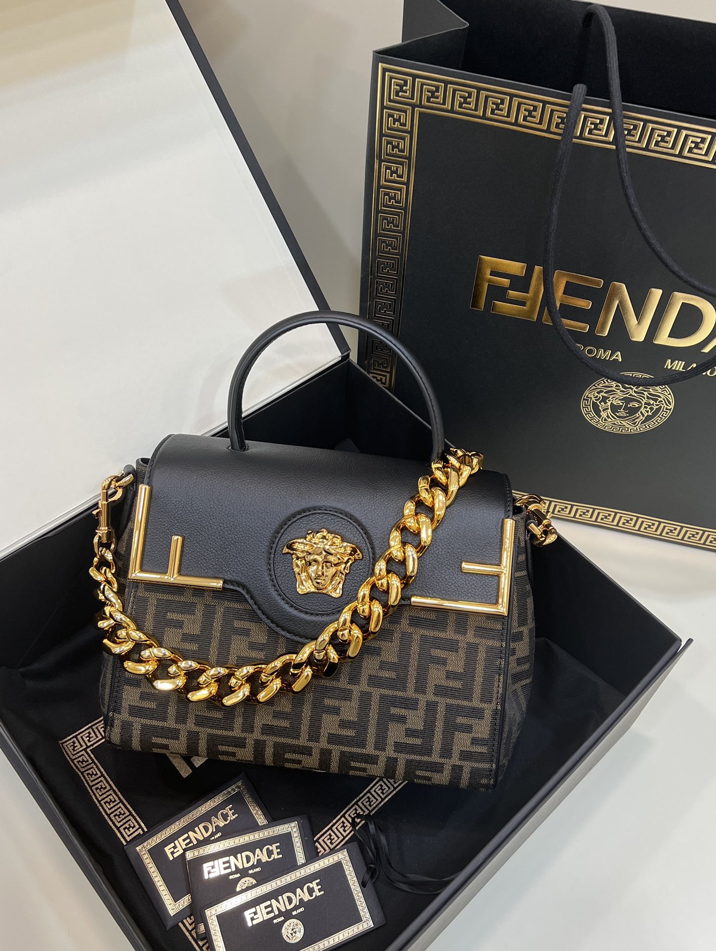 Fendi x Versace Fendace La Medusa Top Handle Bag Zucca Canvas 25cm