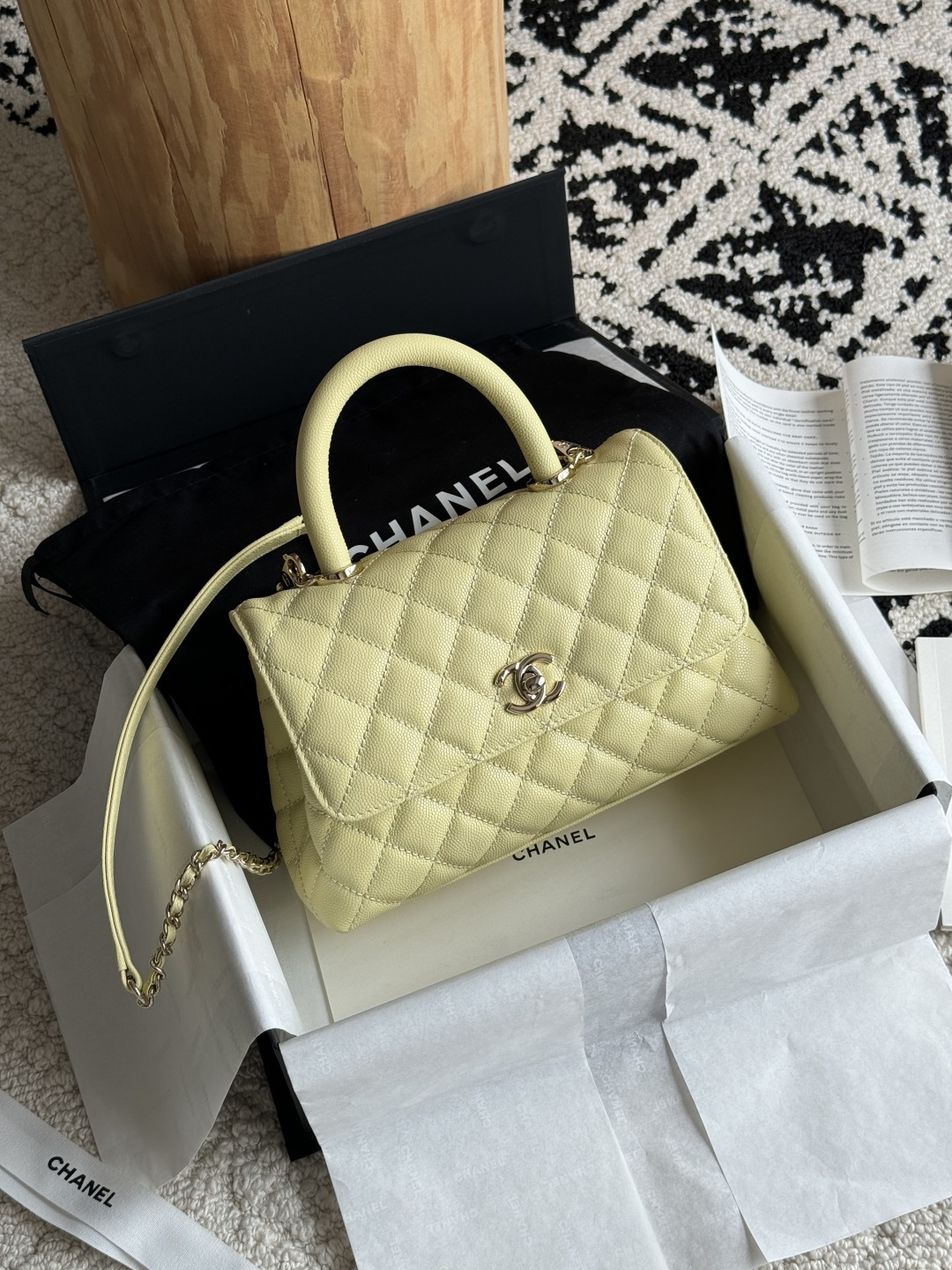 Small Coco Handle Flap Bag in Yellow Quilted Caviar Leather with Light Gold-Tone Hardware